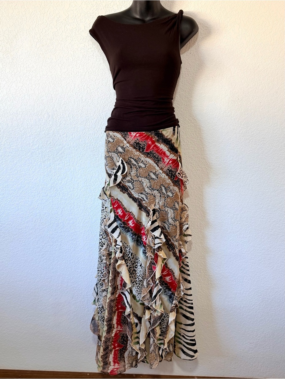 Vintage Y2K Mixed Animal Print Ruffled Maxi Skirt 🐆